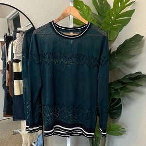 💚Fabletics Teal Lace Long Sleeve Sweatshirt Sz M | Sheer Athletic Chic Pullover